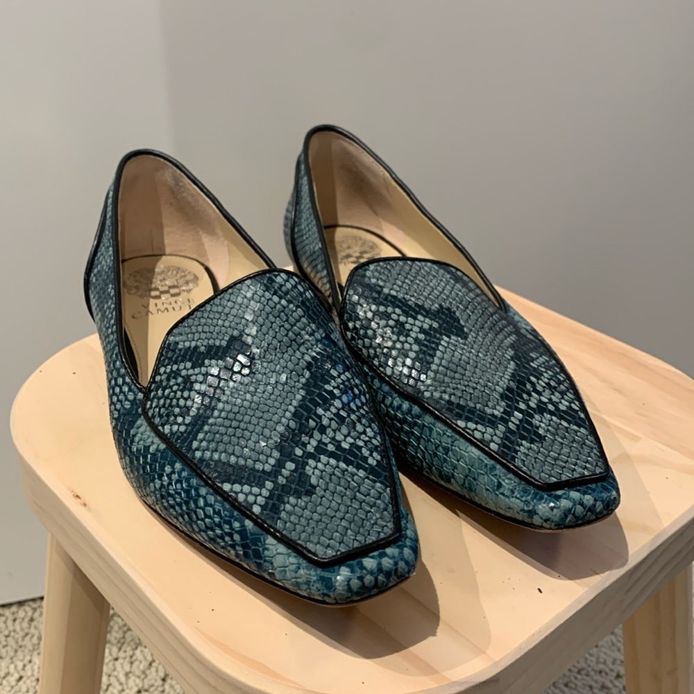 Green snakeskin loafers